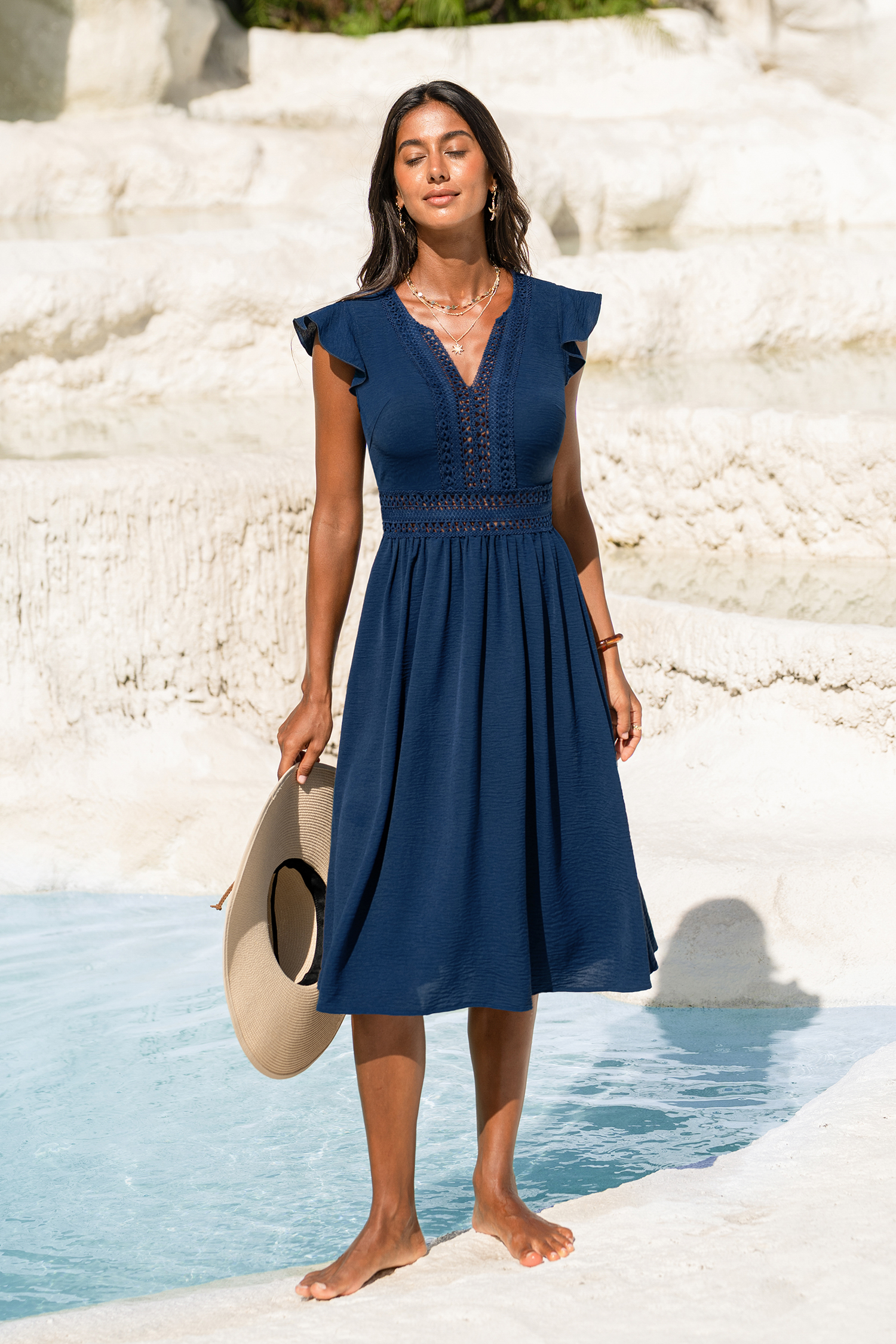 Robe midi bleue à manches courtes