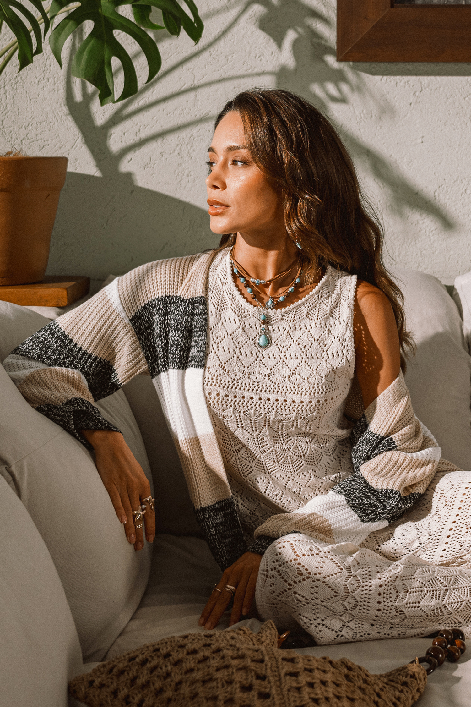 Gestreept open voorkant lange mouw Duster vest