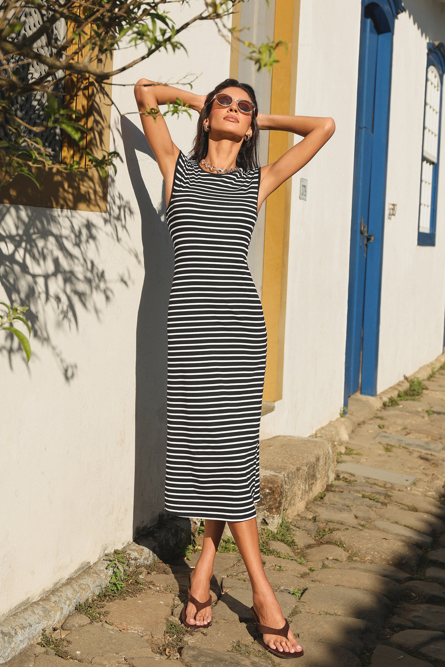 Gestreiftes Maxi-Freizeitkleid aus Baumwollmix