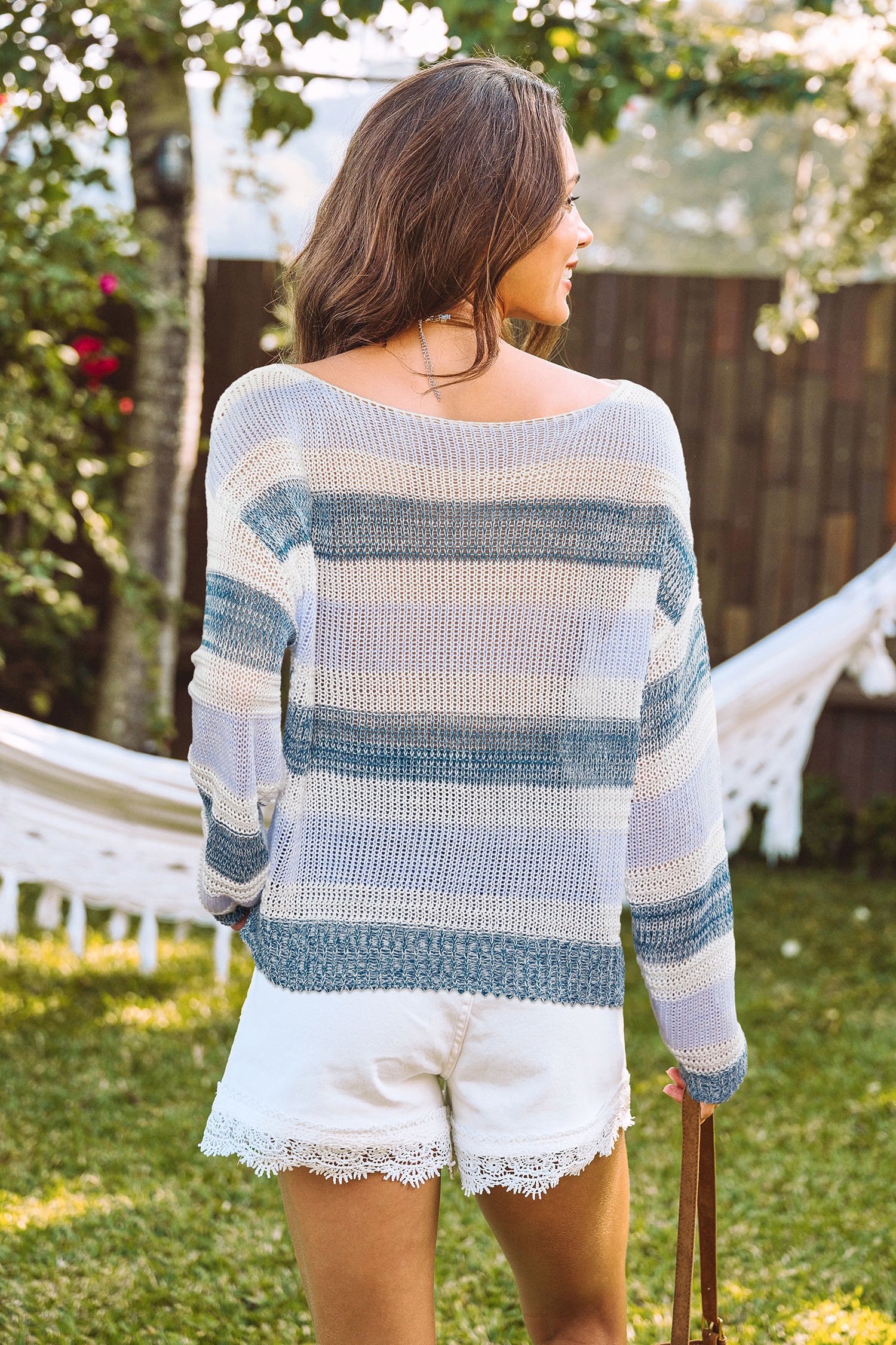 Marineblau Gestreiftes Langarm Strick-Strand-Top