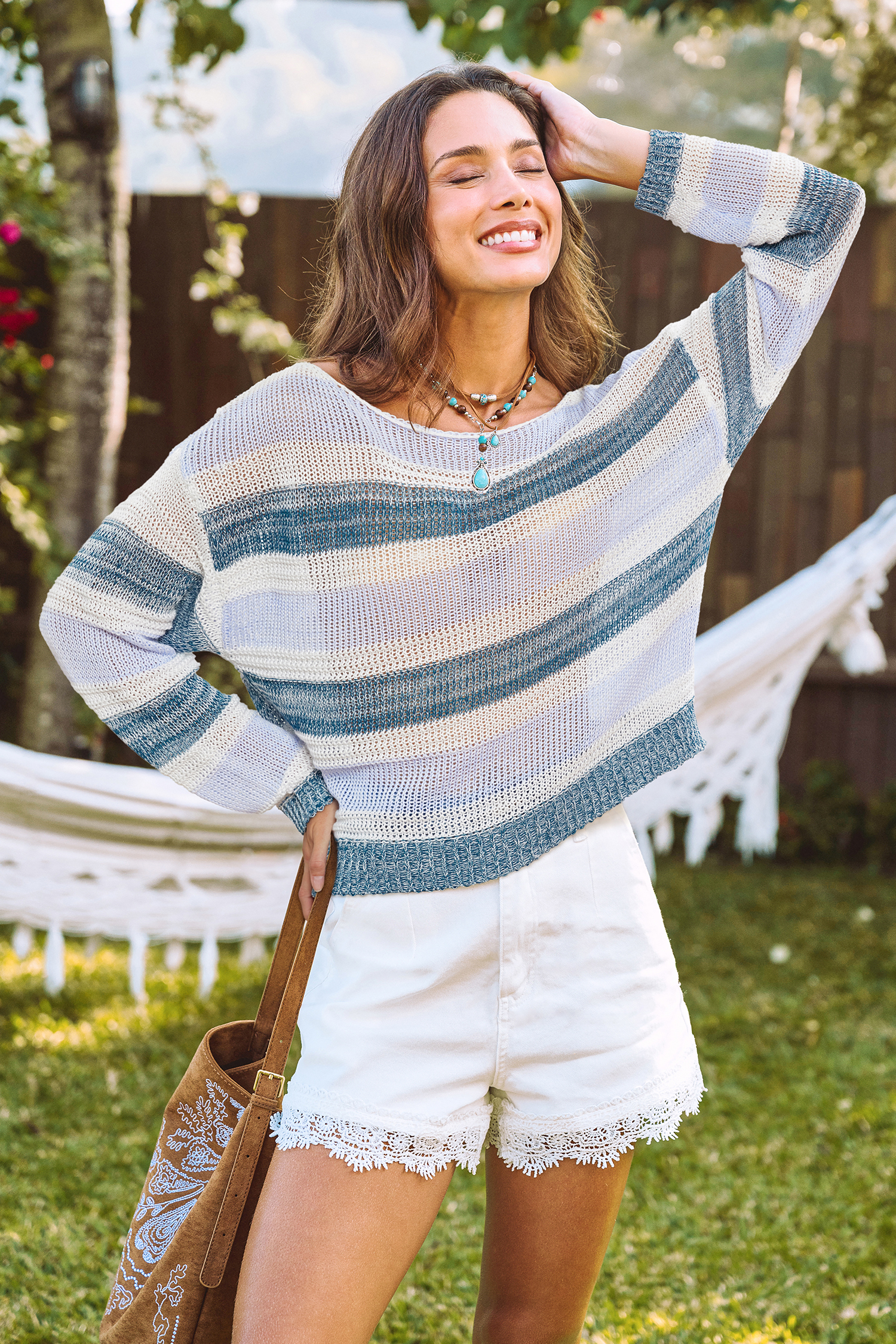 Marineblau Gestreiftes Langarm Strick-Strand-Top