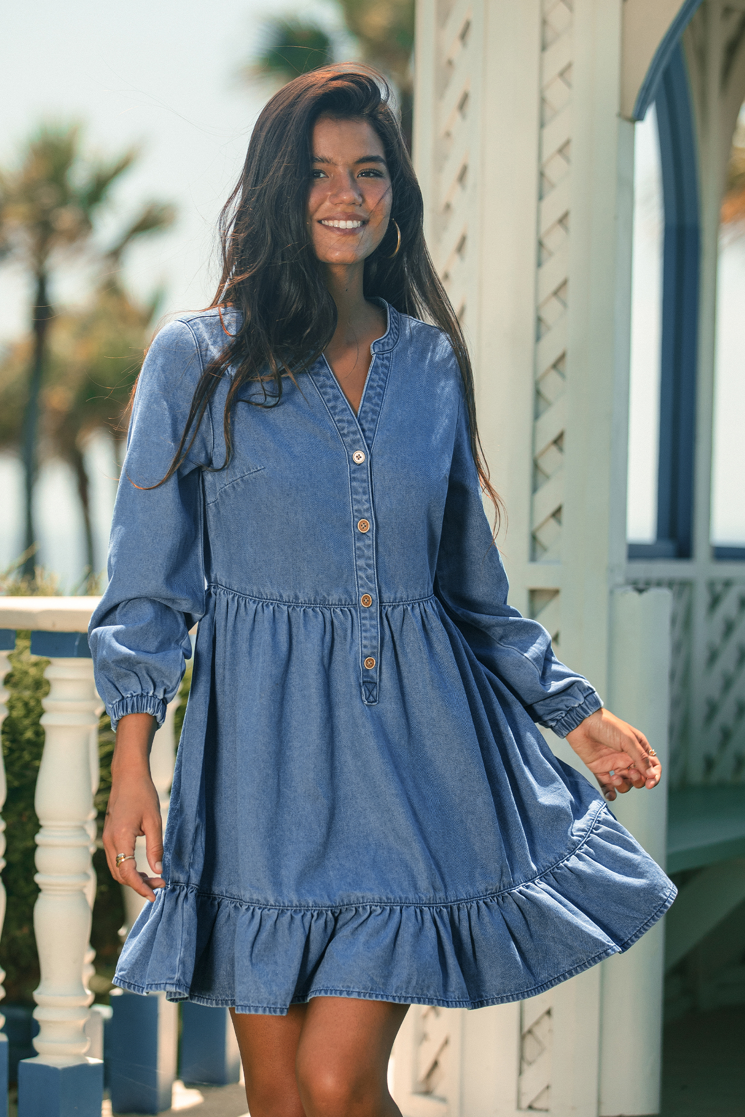 Blaues Langarm Mini-Jeanskeid