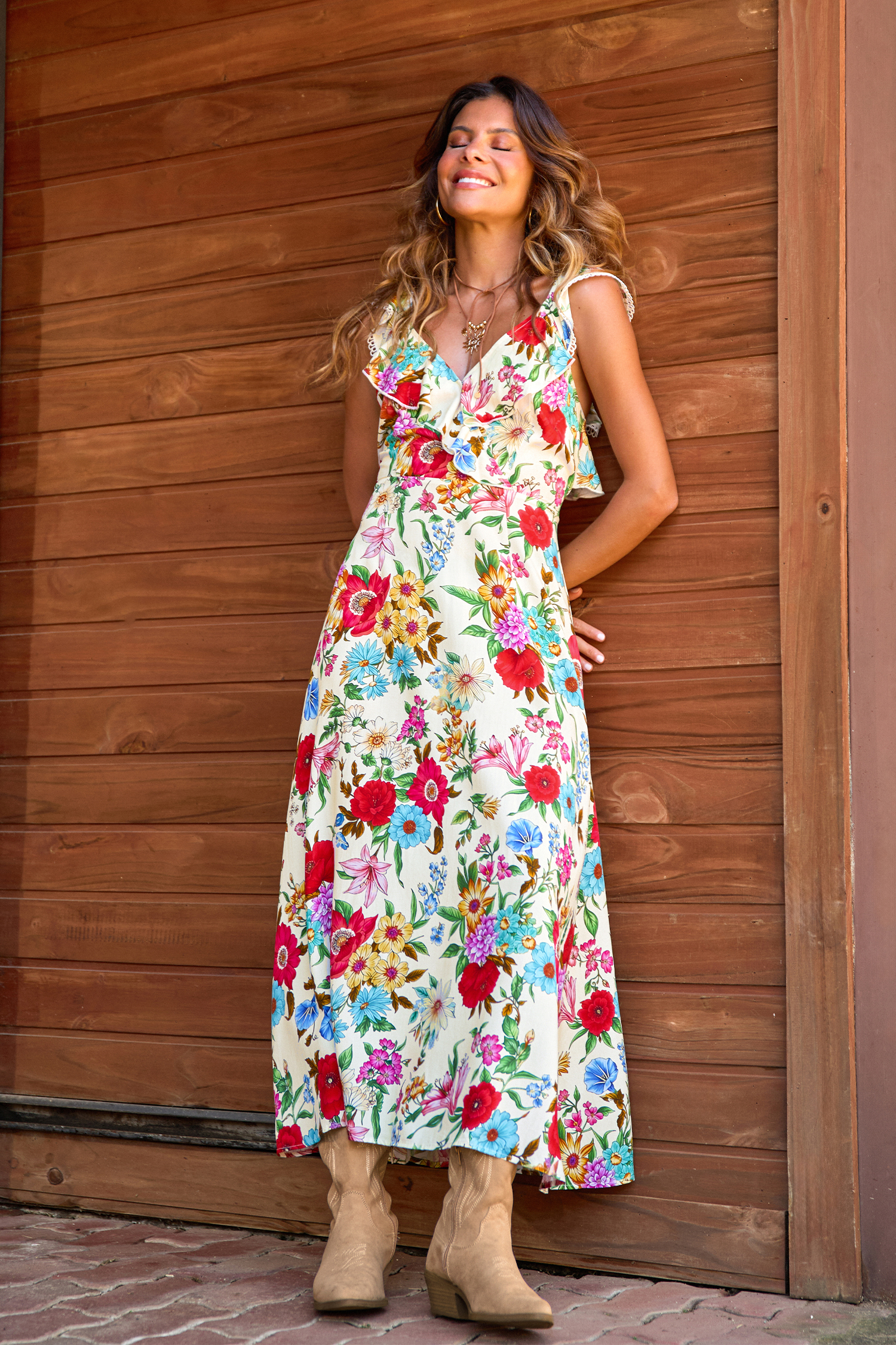 Geblümtes elegantes Maxikleid mit V-Ausschnitt