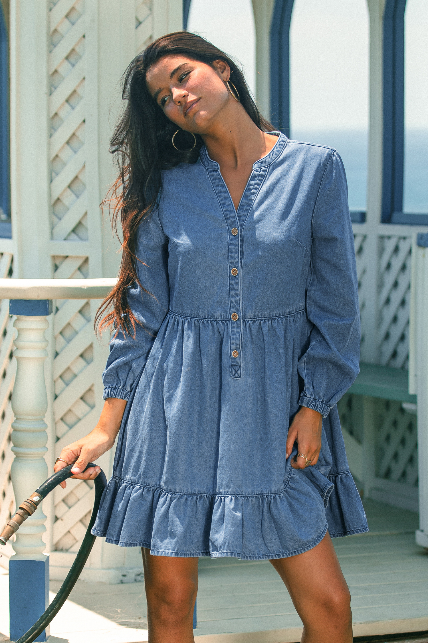 Blaues Langarm Mini-Jeanskeid