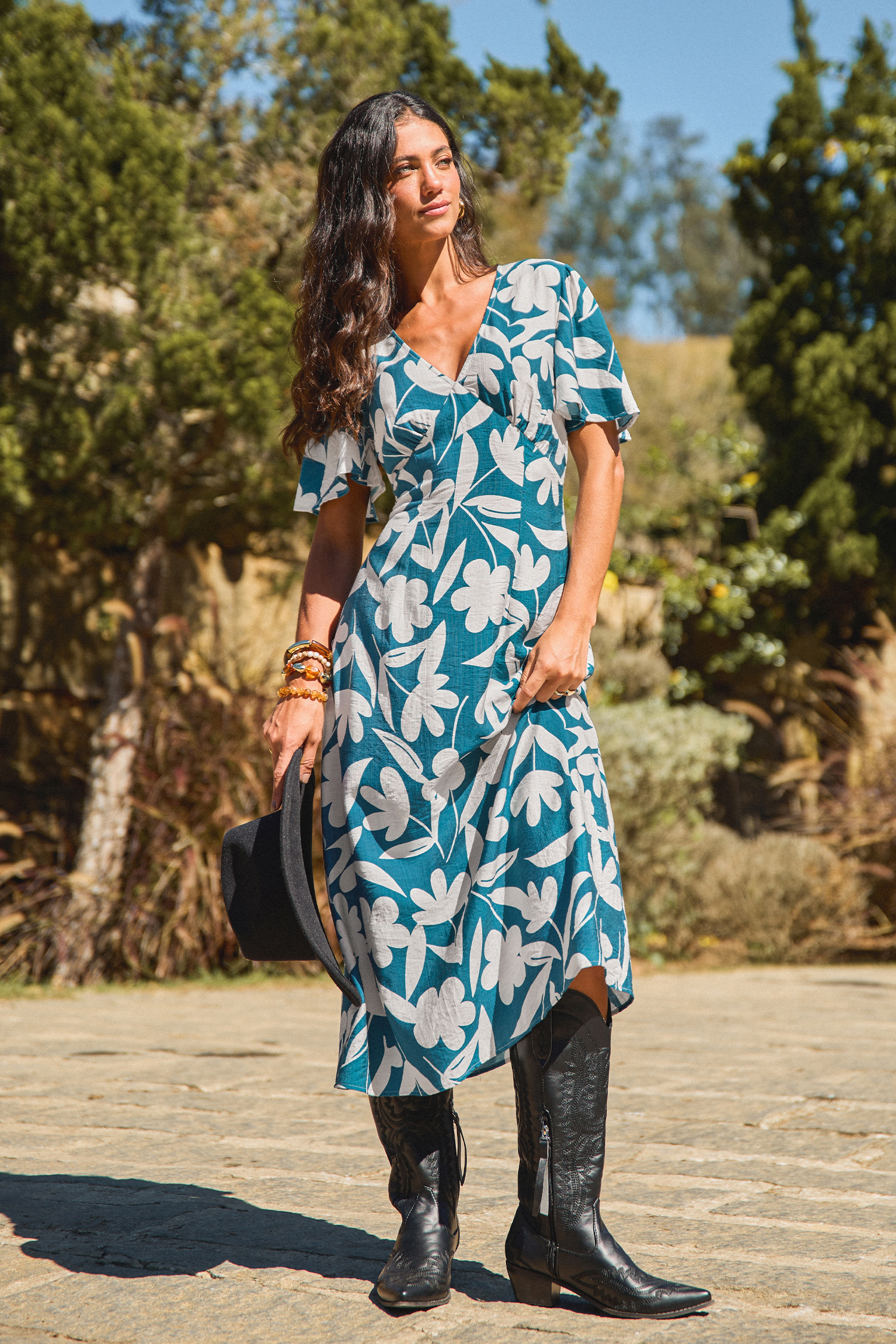 Blau Tropisches Midikleid mit V-Ausschnitt