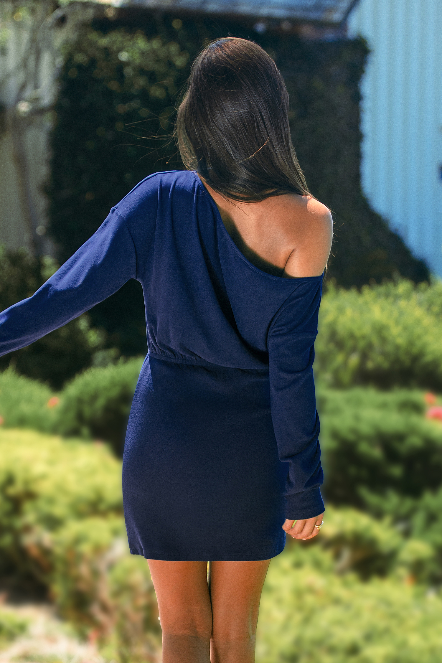 Mini abito blu drappeggiato