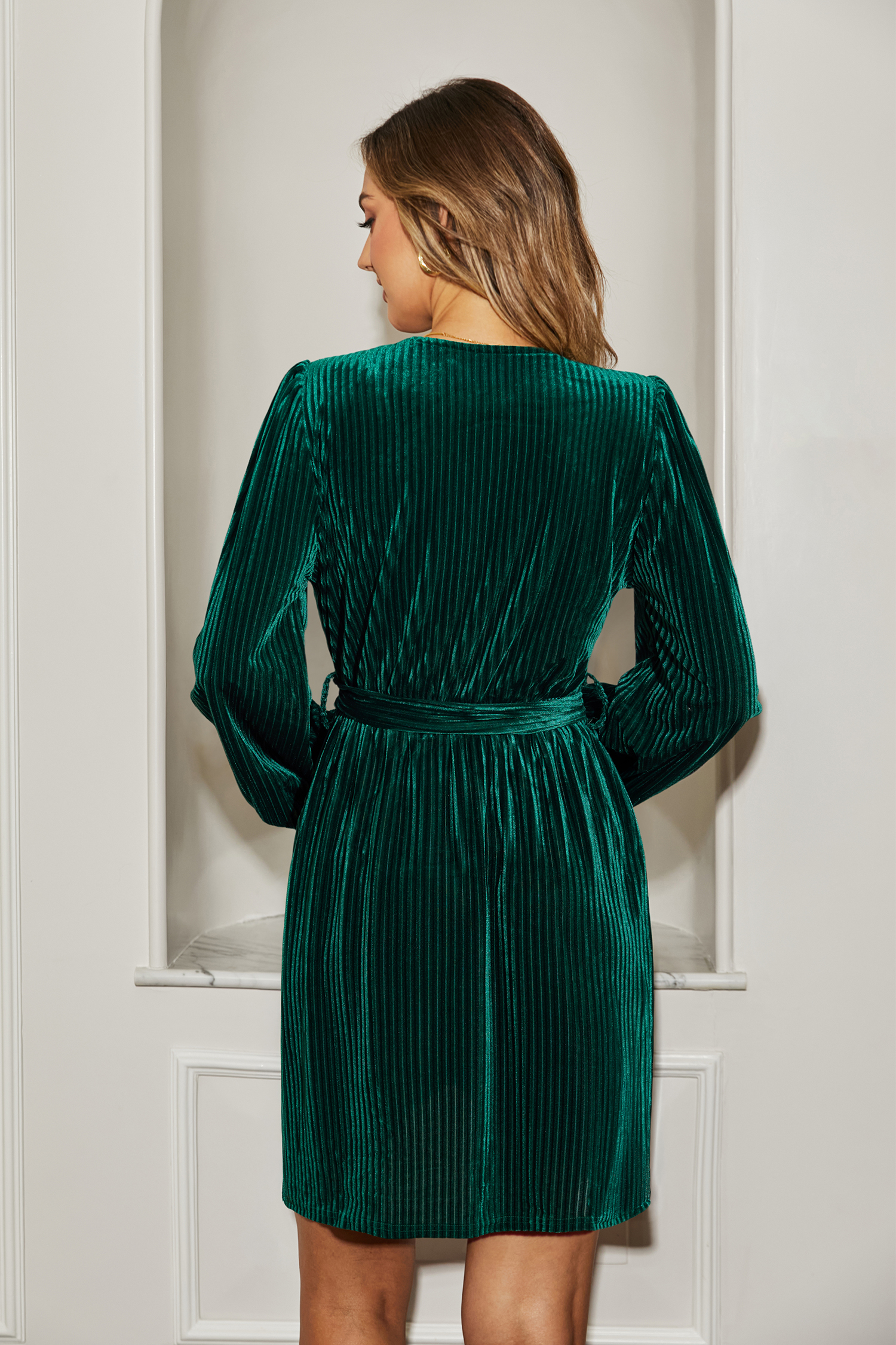 Green Velvet Long Sleeve Wrap Mini Dress