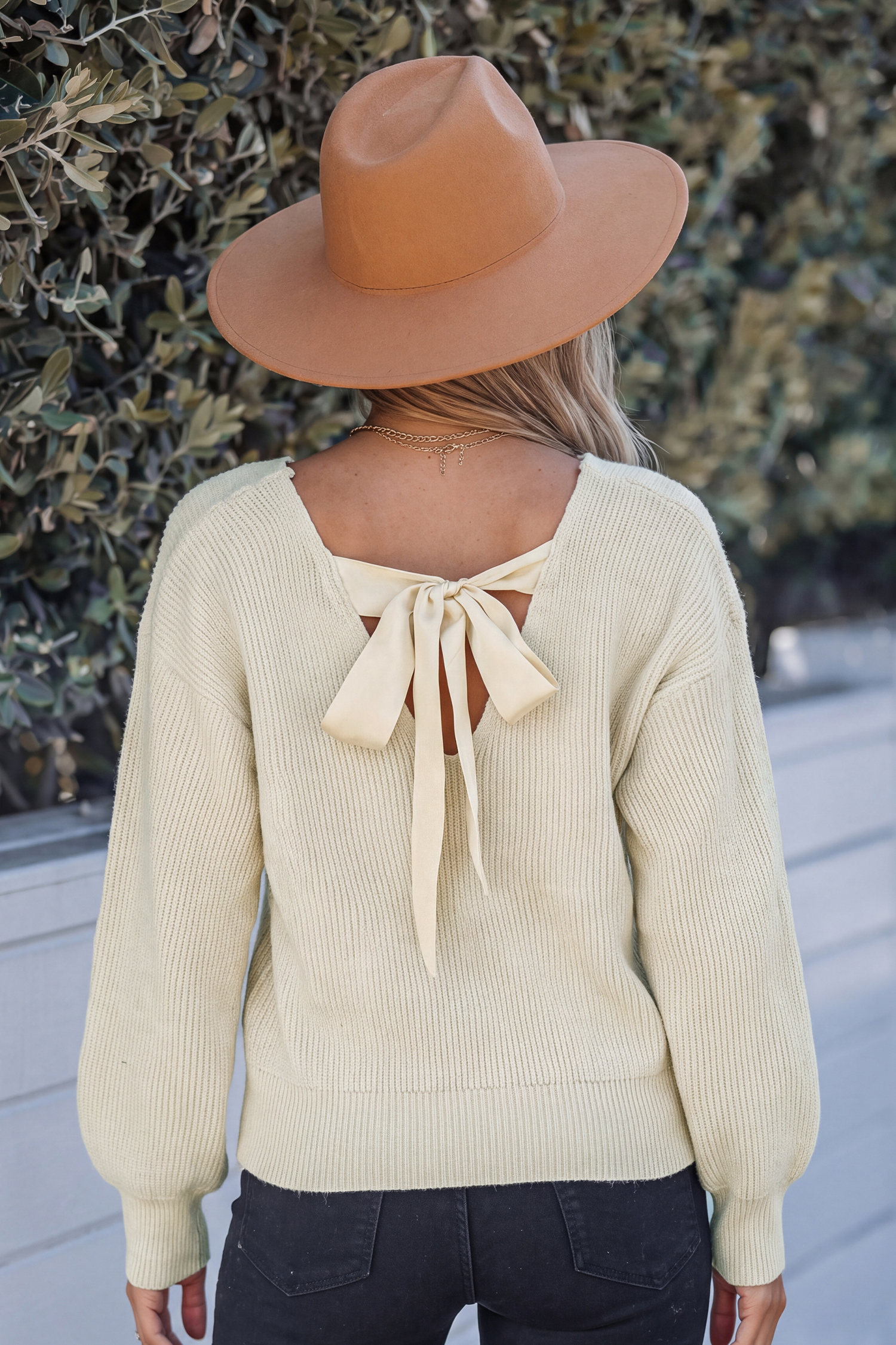 Long Sleeve V-Neck Bow Sweater