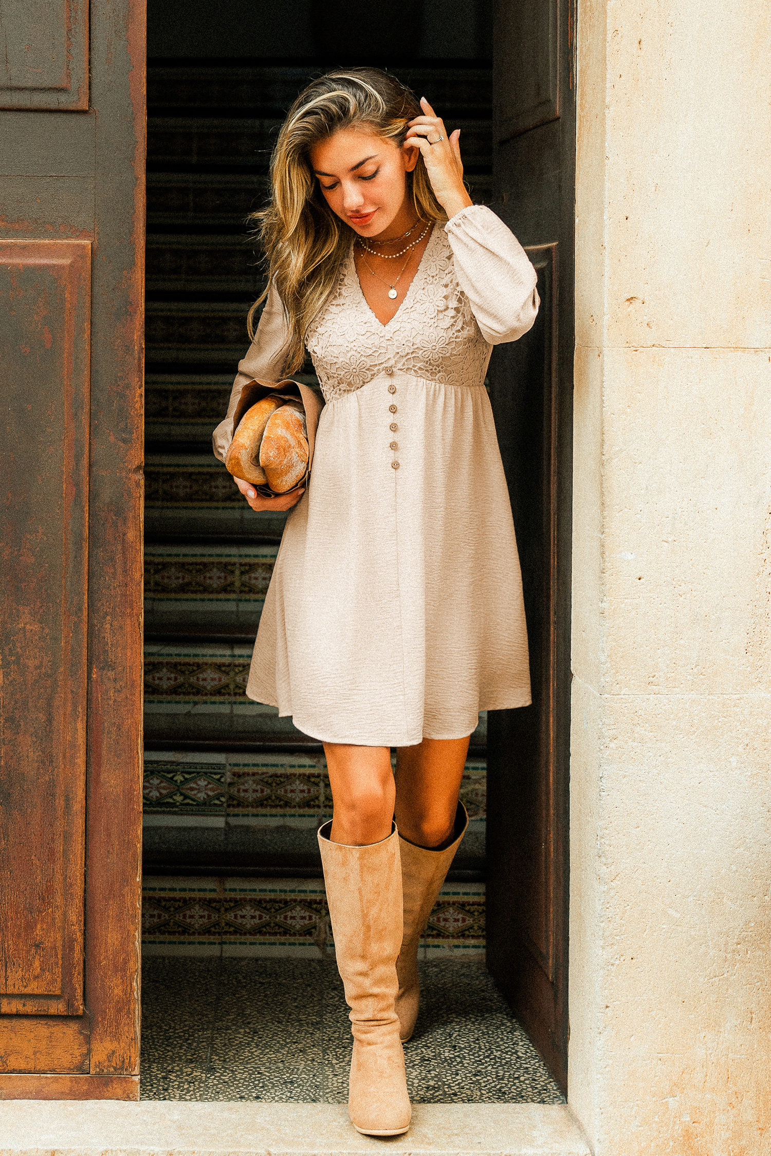 Dried Flowers Beige Mini Dress