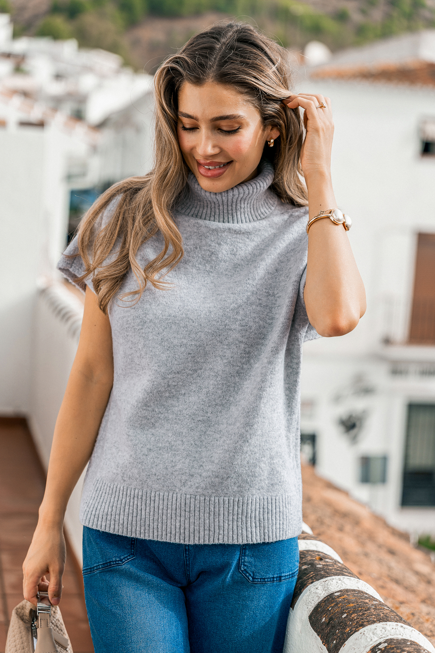 Grey Turtleneck Knit Top