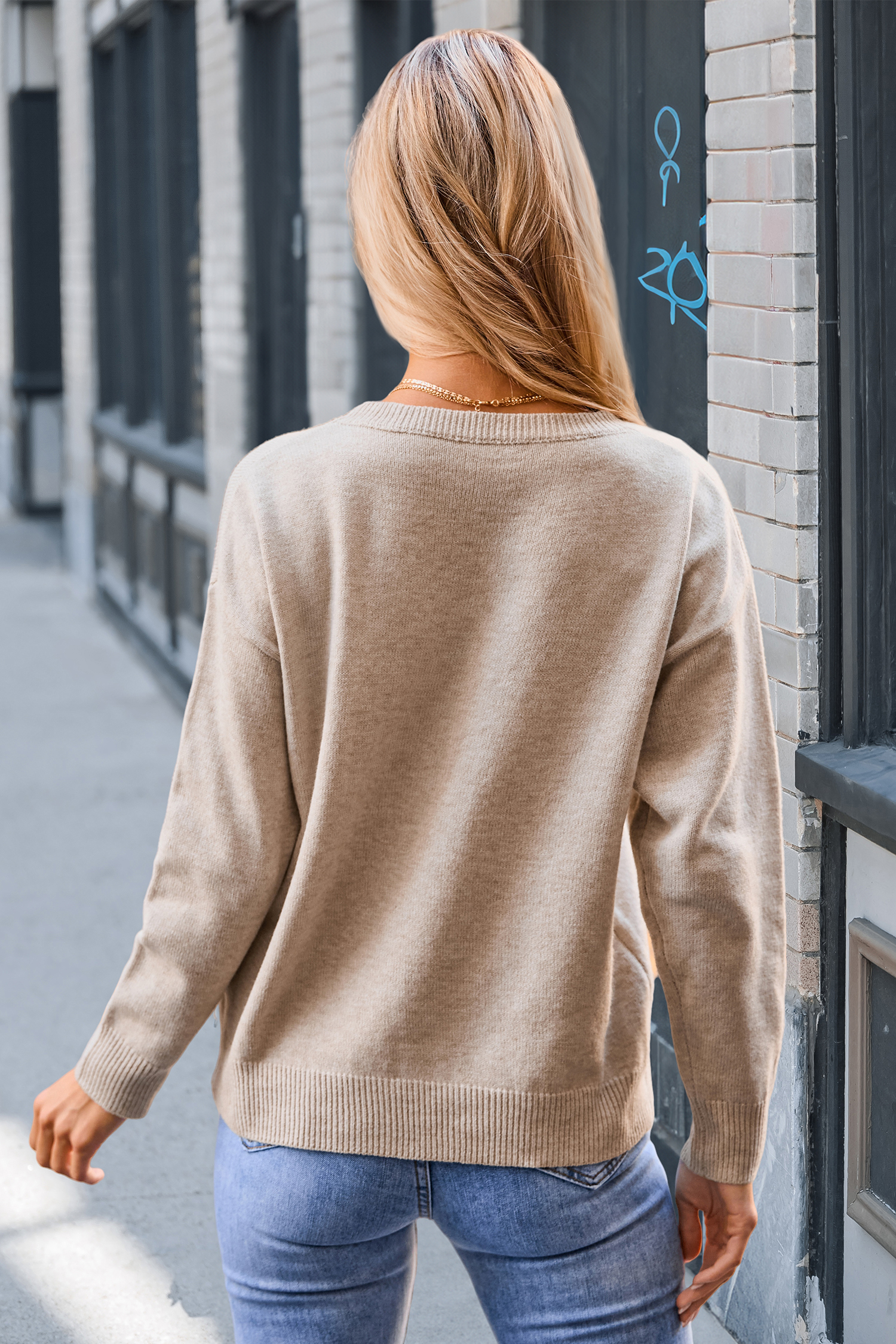 Beiger Lange Ärmel Rundhals Pullover