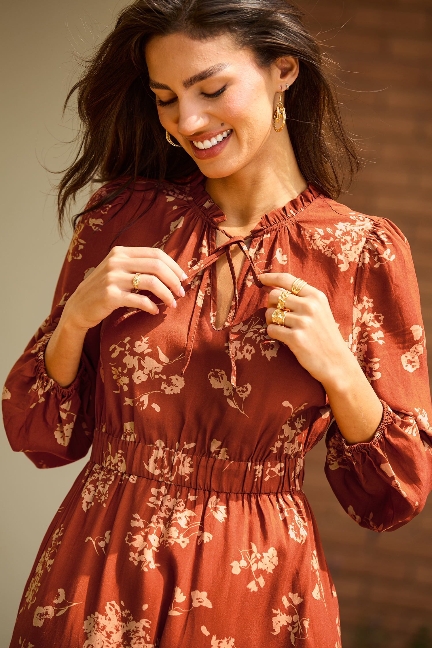 Copper Glow Floral Maxi Dress