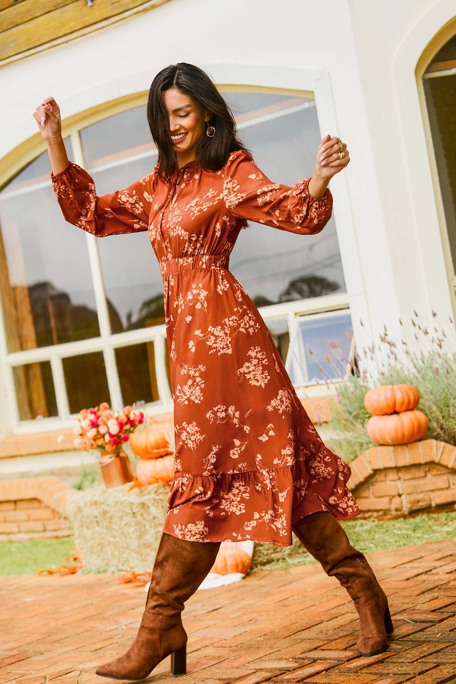 Copper Glow Floral Maxi Dress