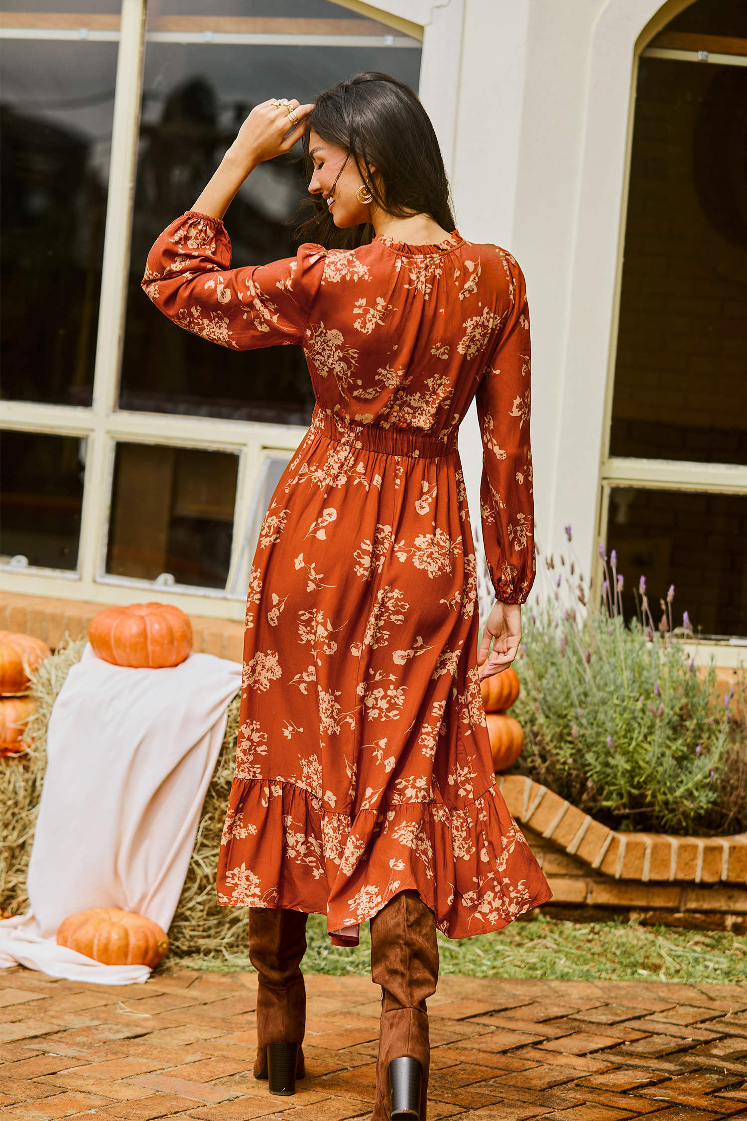 Copper Glow Floral Maxi Dress