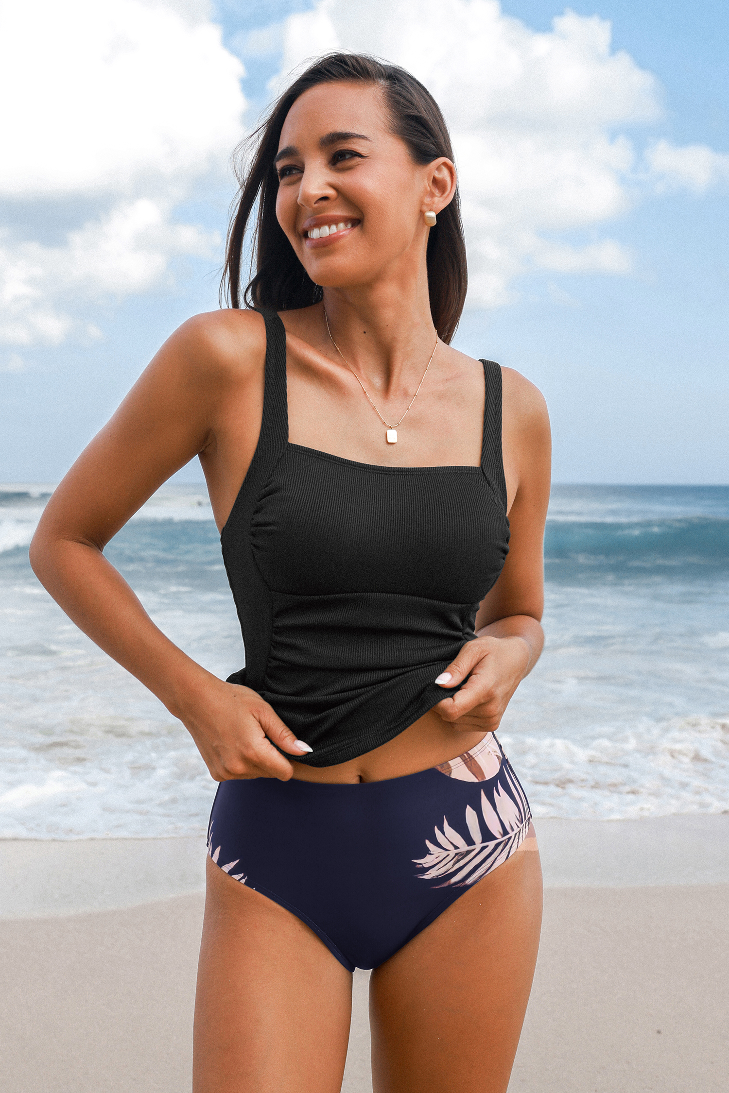 Black Tankini & Floral Bottoms Set
