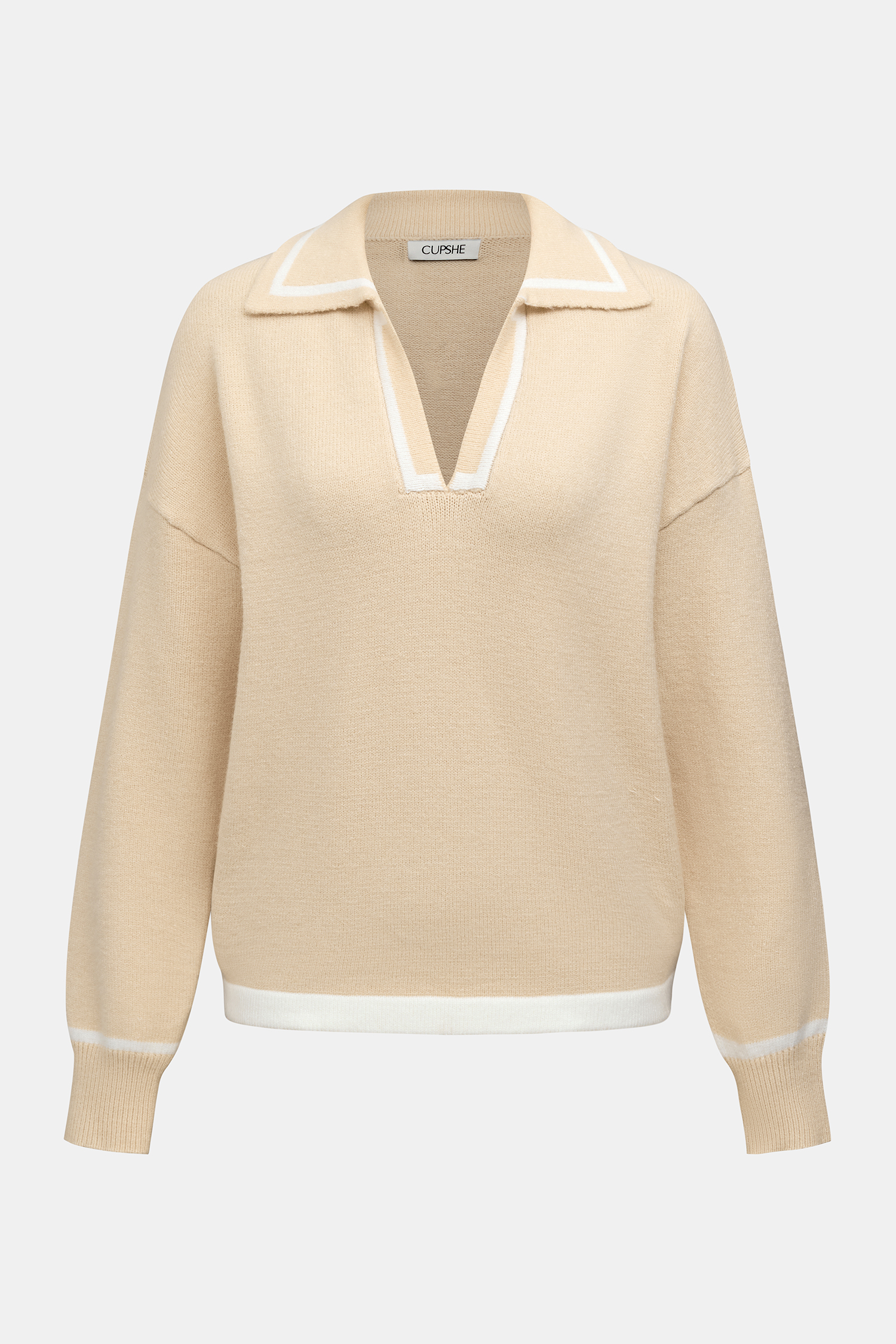 Khakifarbener Langarmpullover mit Kragen