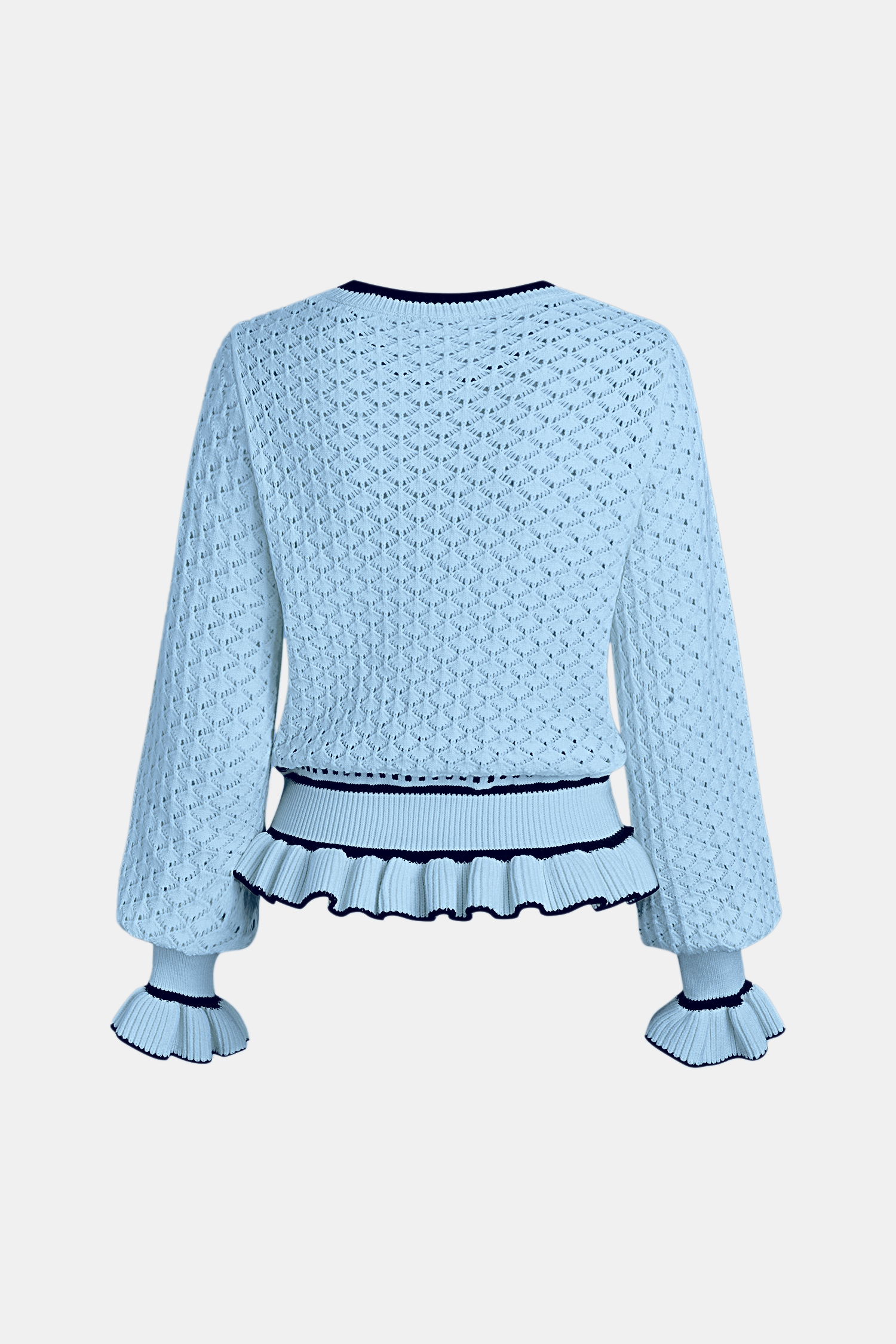 Pull bleu en tricot à col rond et bordure volantée