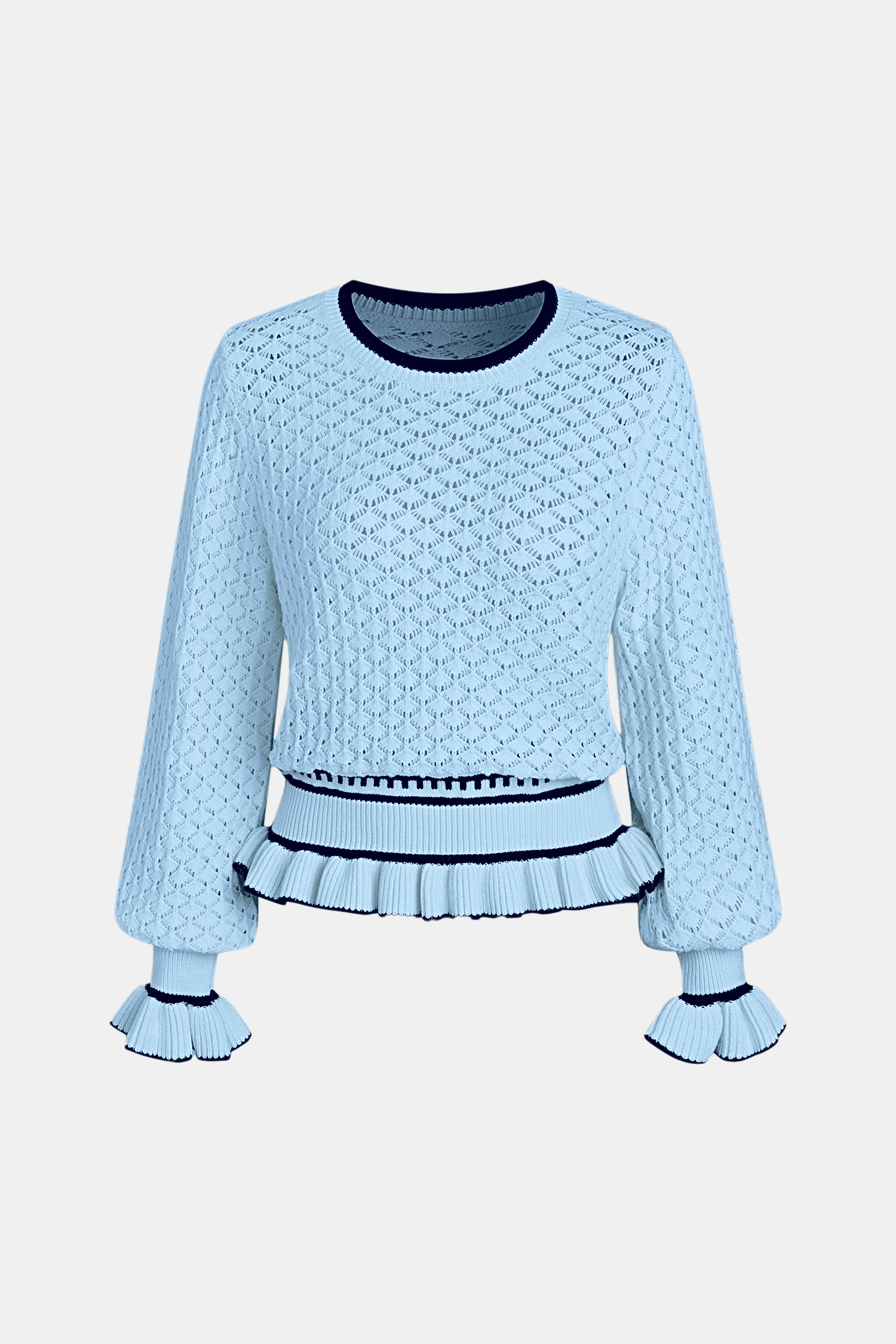 Pull bleu en tricot à col rond et bordure volantée