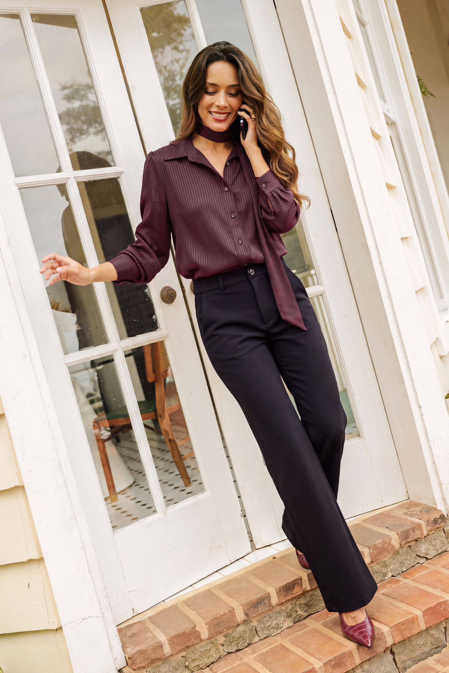 Satin Bow Striped Shirt