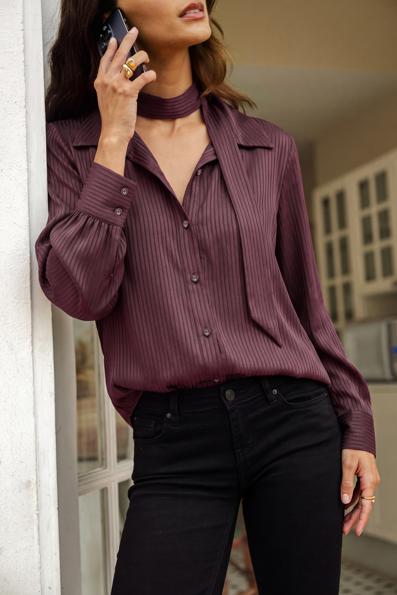Satin Bow Striped Shirt