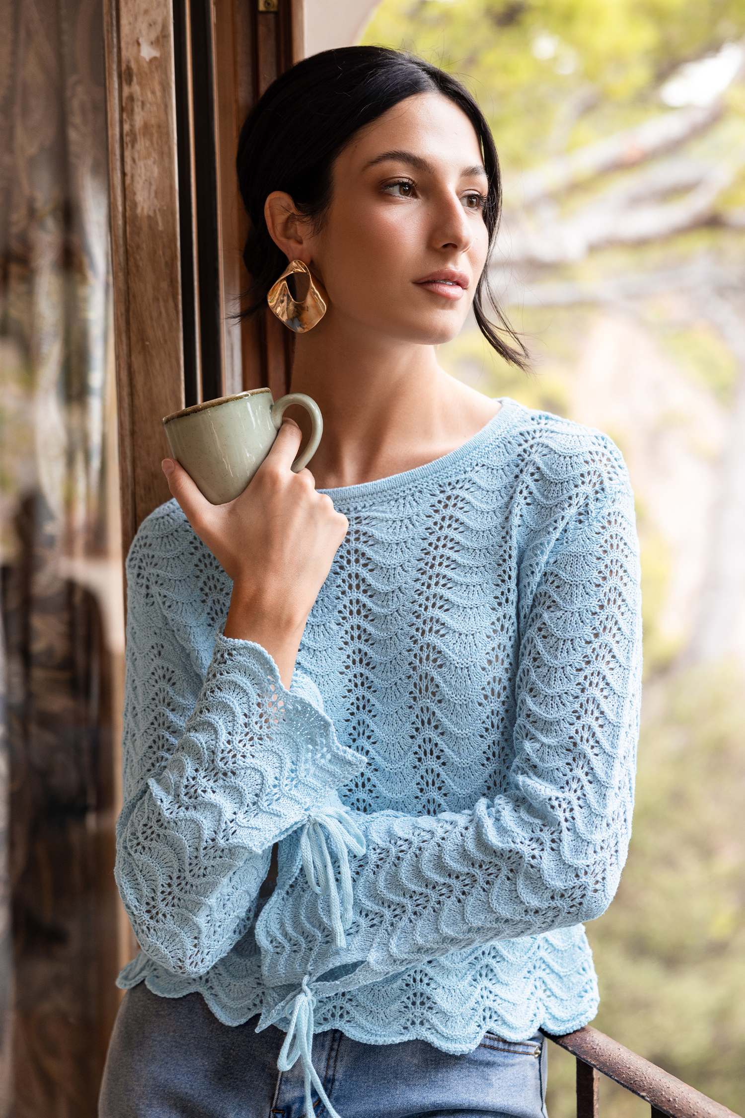 Top aqua en tricot à col rond et manches longues