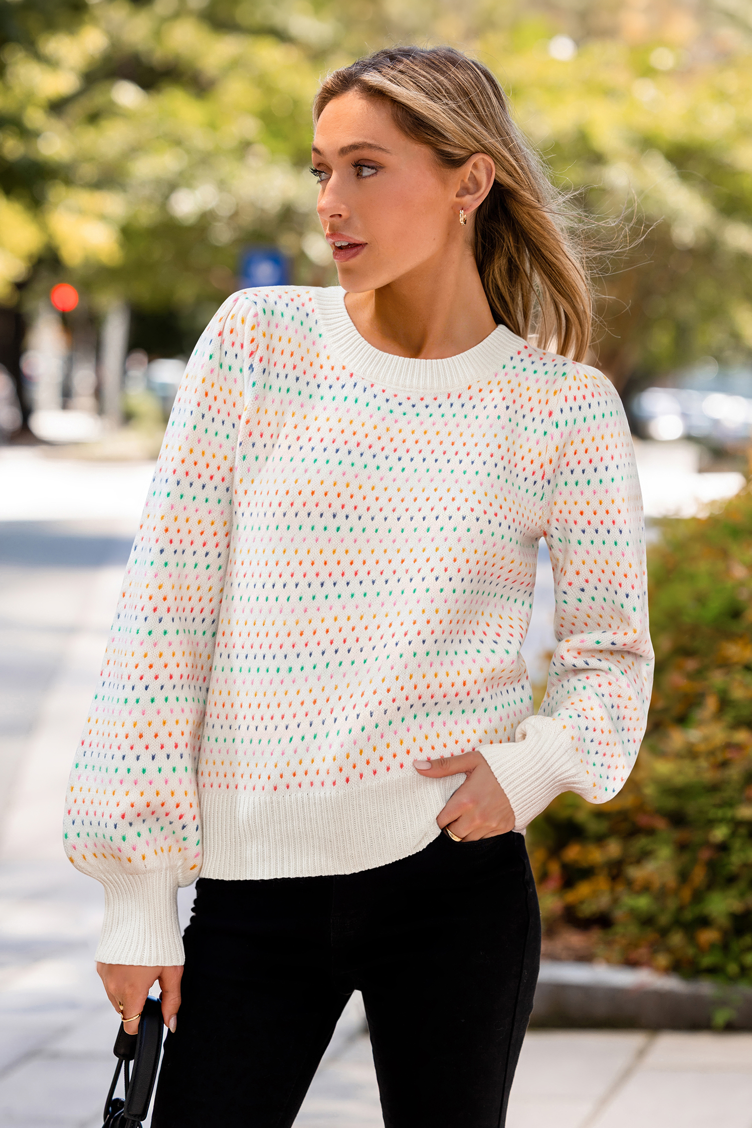 Pull coloré en tricot à col rond et manches longues