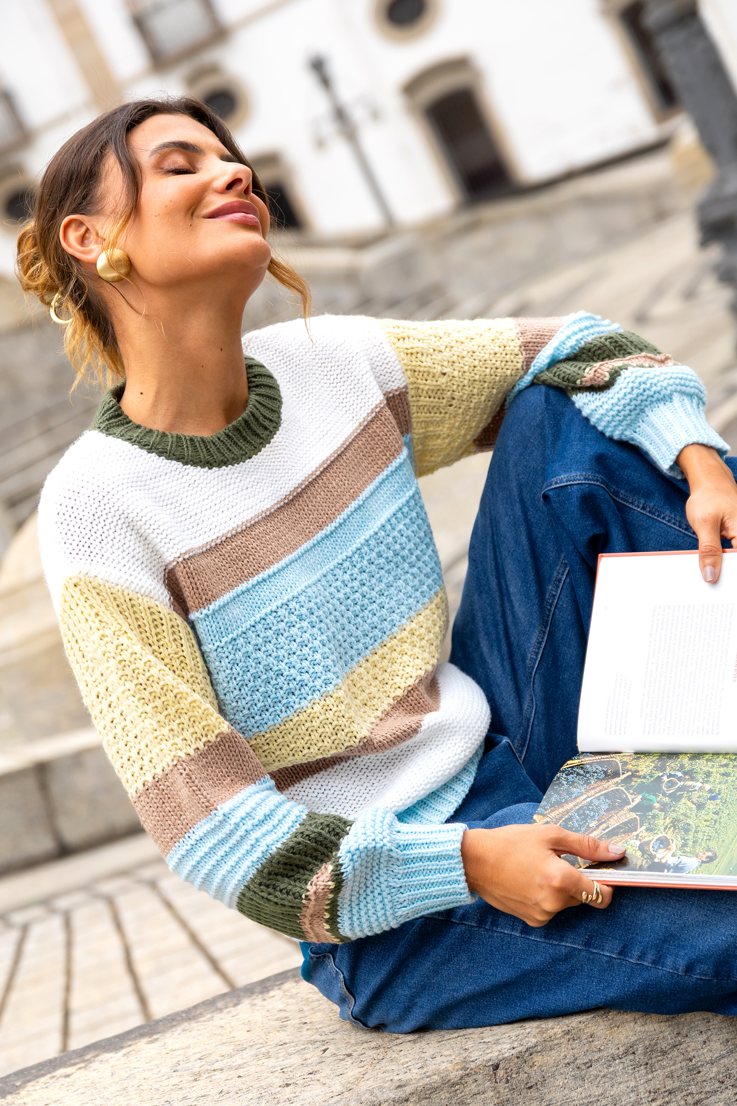 Pull rayé en polyester à col rond et manches longues