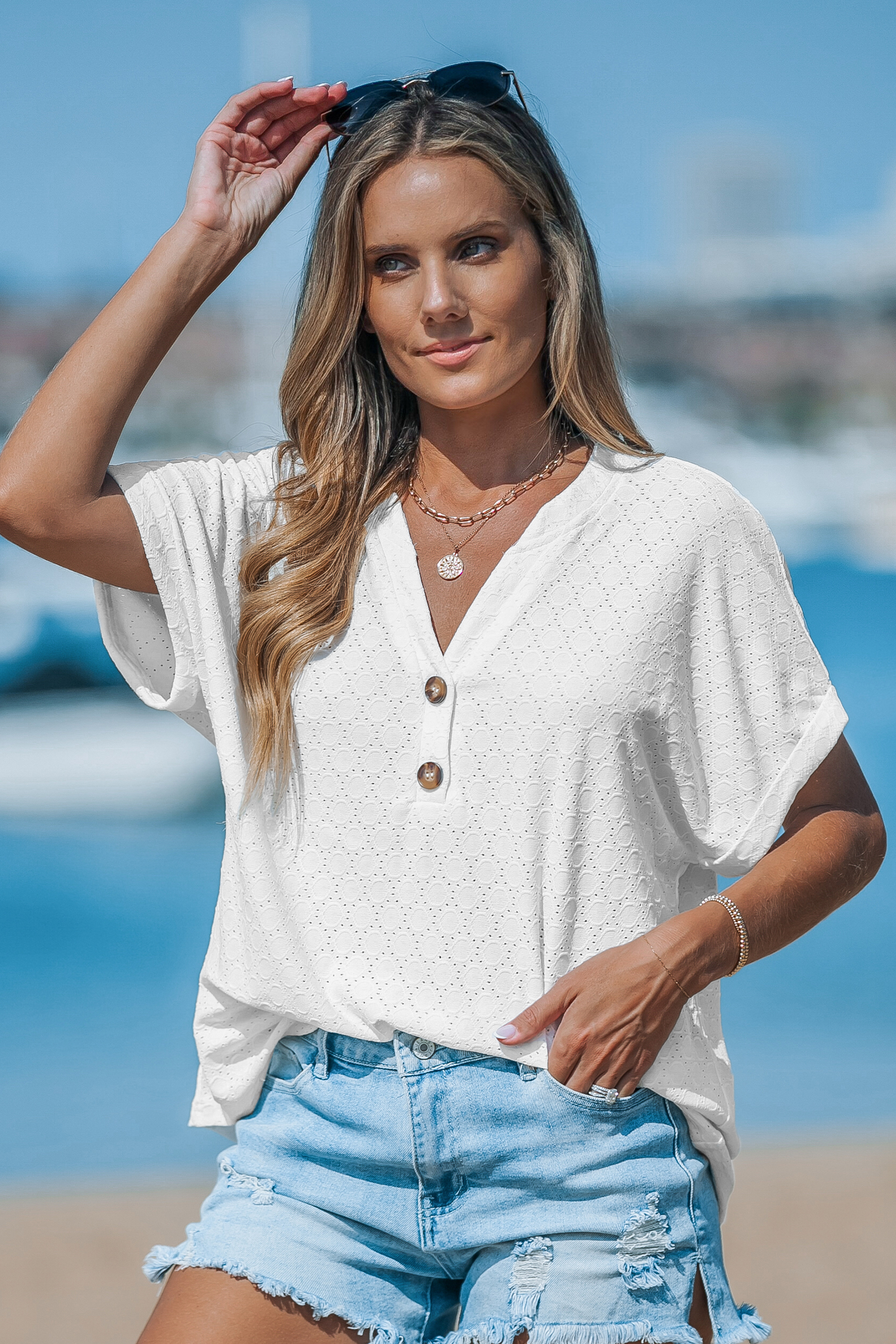 Cutout Textured V-Neck Tee