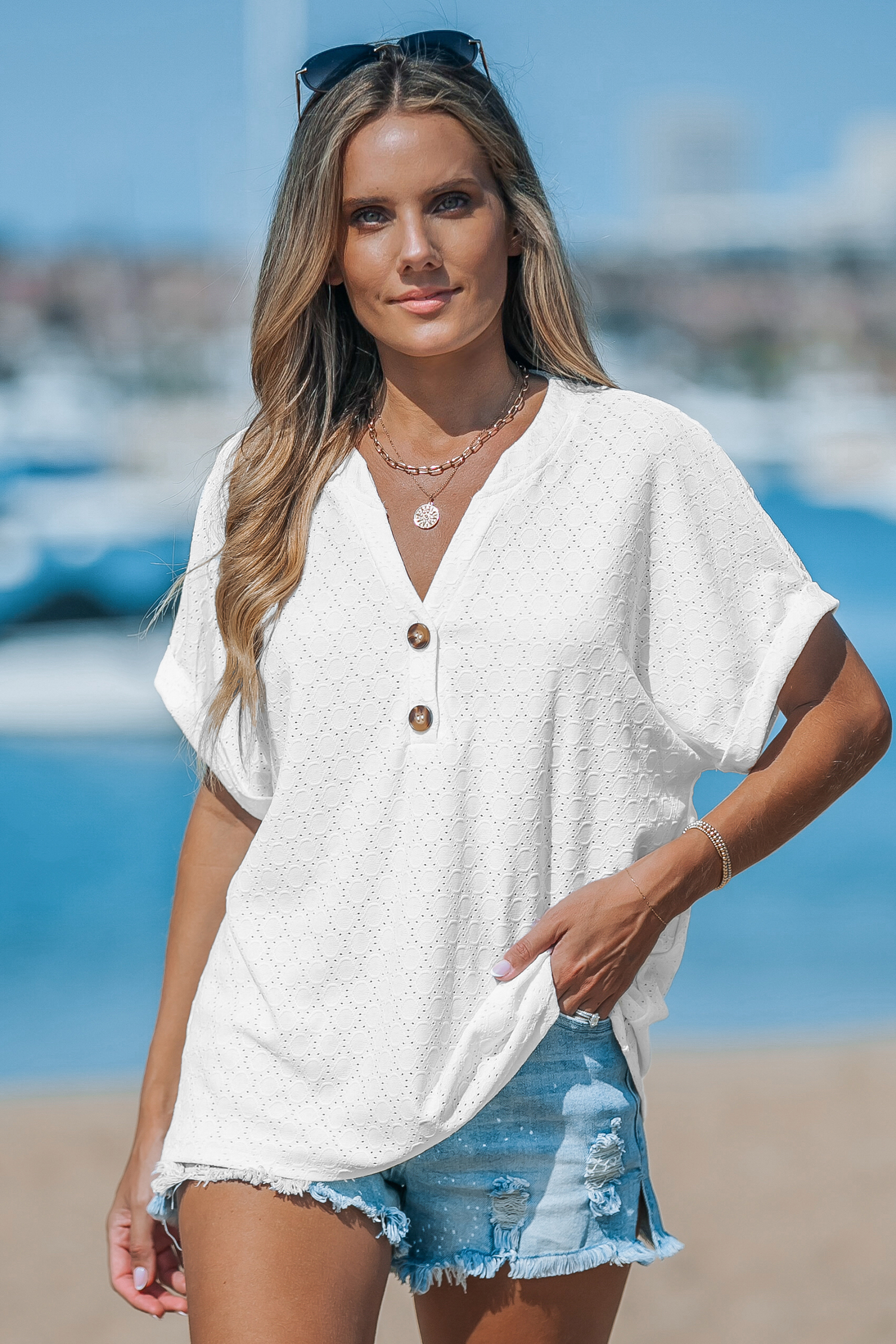 White Cutout Textured V-Neck Tee with Dolman Sleeves