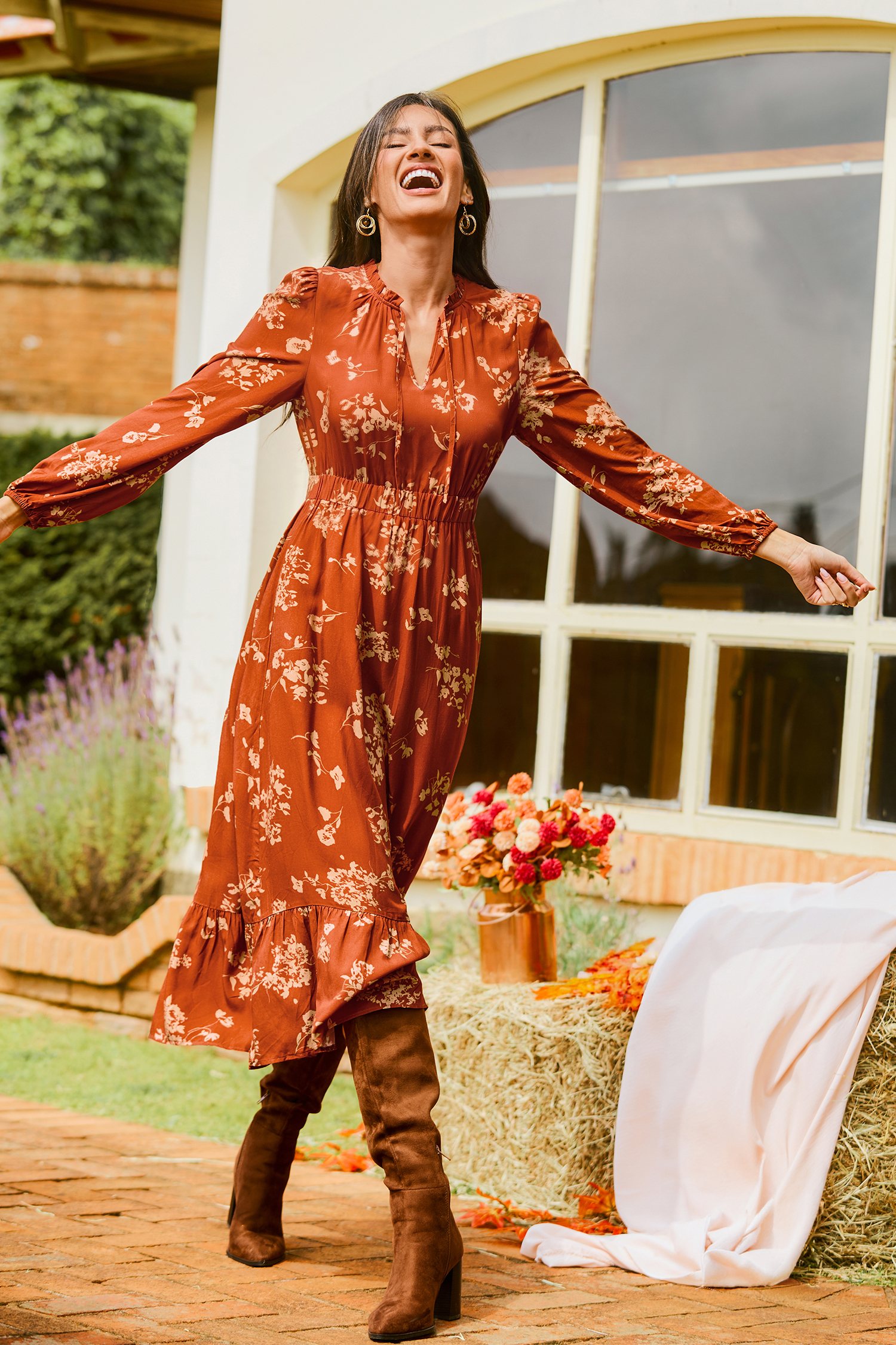 Copper Glow Floral Maxi Dress