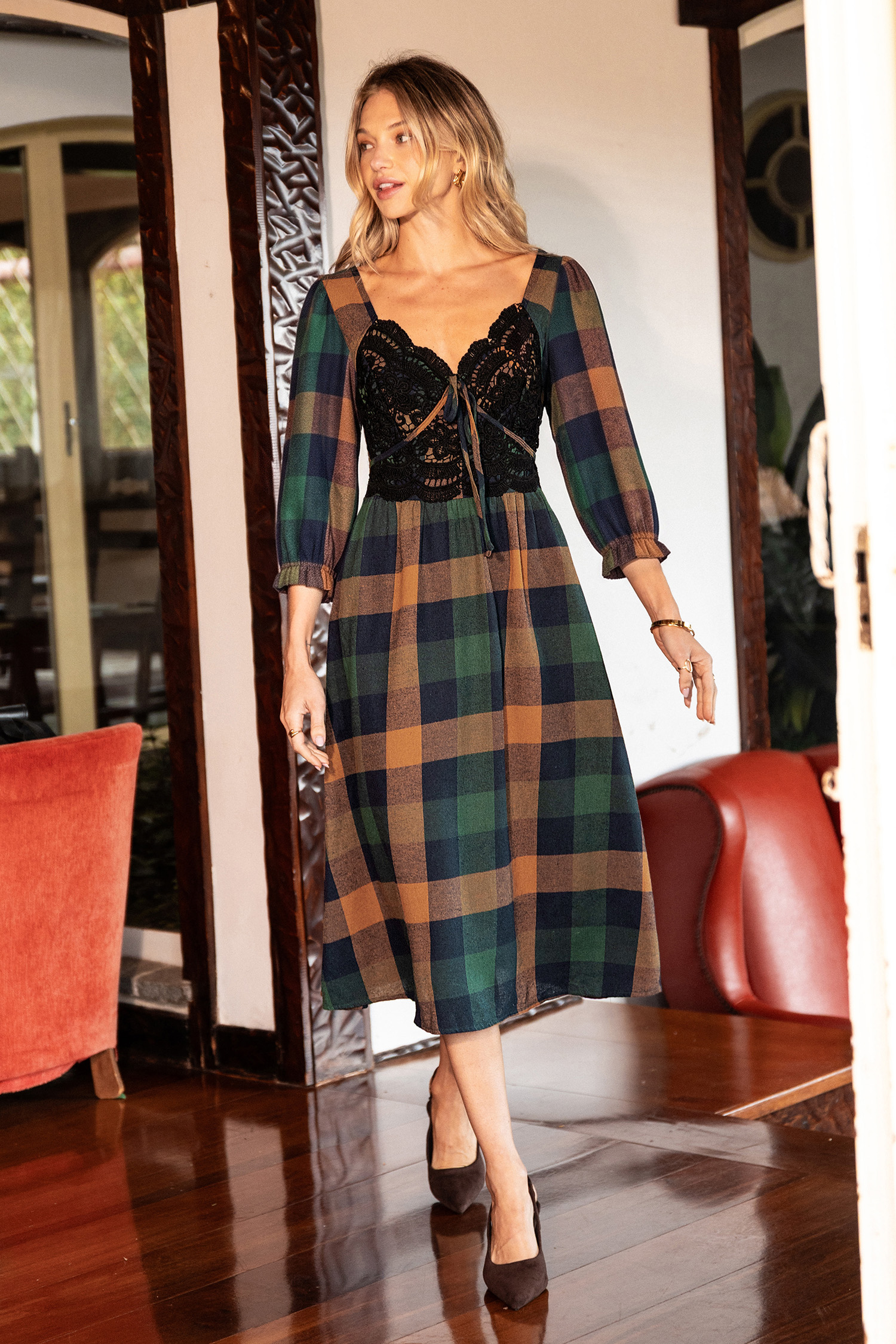 On the Cusp Plaid Midi Dress