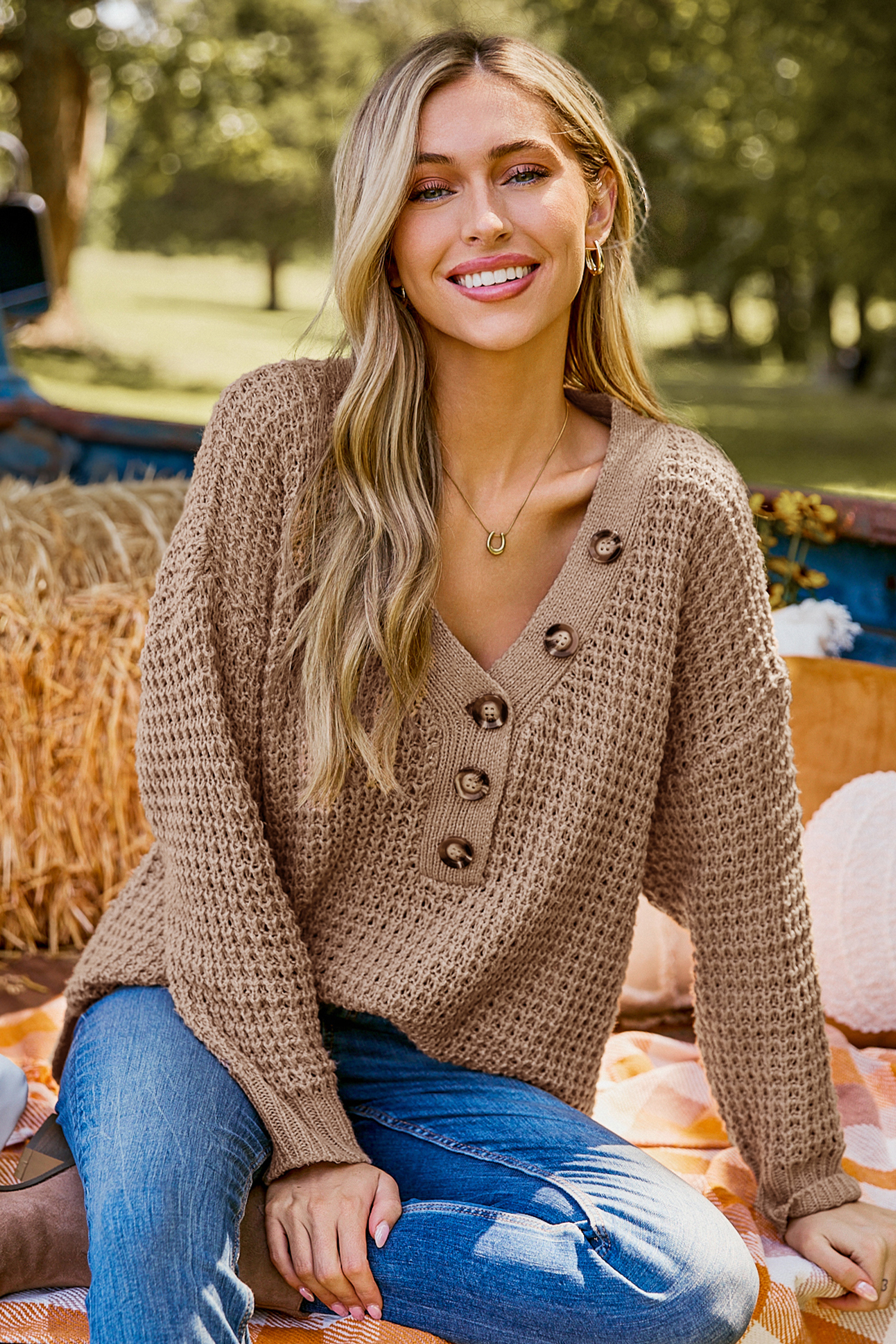 Light Brown V-Neck Long Sleeve Henley Sweater